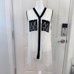 Robert Louis Sheer Button Blouse 1XL | NWT White Black Lace